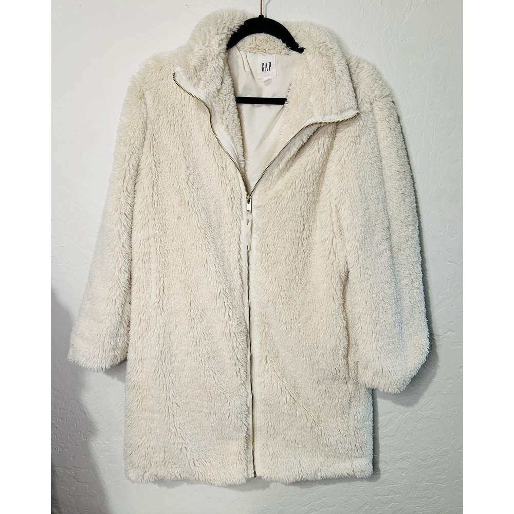 Gap Faux Fur / Teddy Sherpa Long Cream Jacket Woman's Small Winter Wear Coat‎